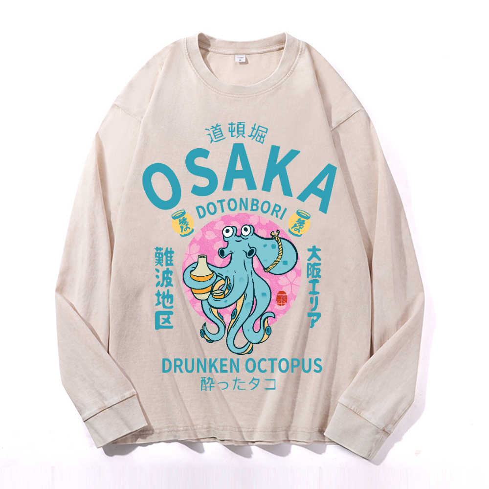 Osaka Dotonbori Drunken Octopus Vintage Cotton Wash Crewneck Long-Sleeve T-Shirt
