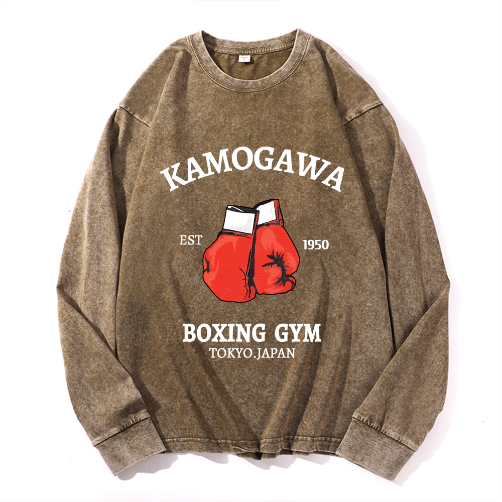 Kamogawa Box GYM Tokyo Japan Vintage Cotton Wash Crewneck Long-Sleeve T-Shirt