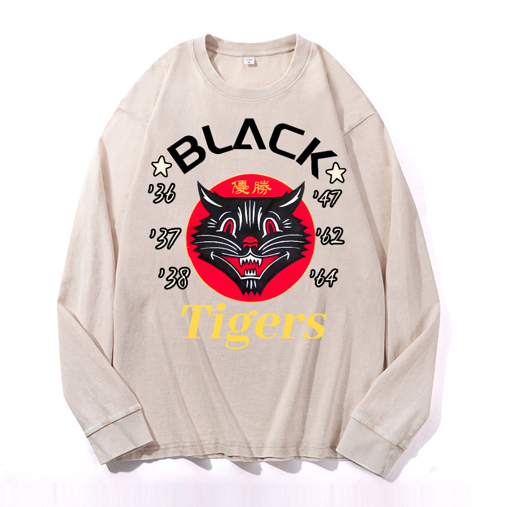 Black Tigers Vintage Cotton Wash Crewneck Long-Sleeve T-Shirt