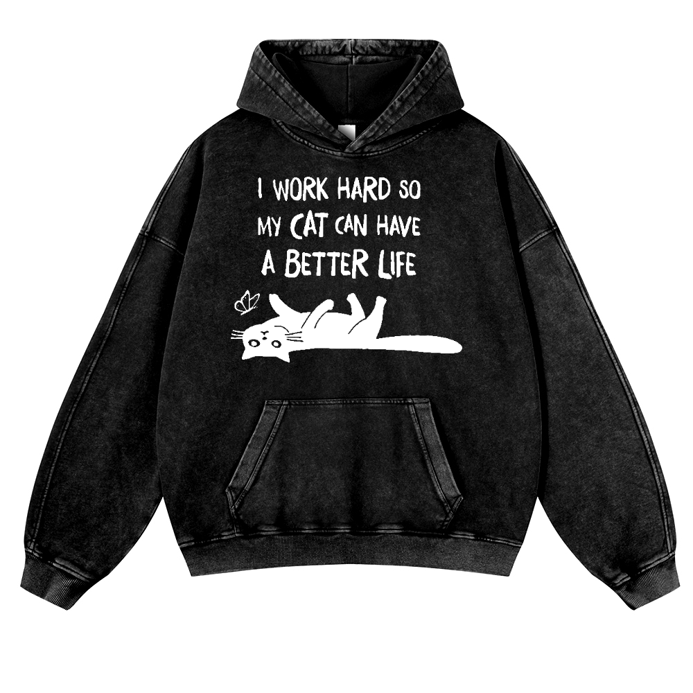 I Work So Hard Cat Vintage Washed Thick Cotton Hoodie