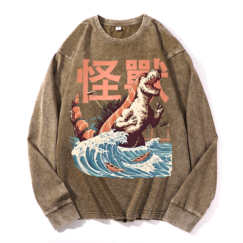 Kaiju Sushi Monster Wave Vintage Cotton Wash Crewneck Long-Sleeve T-Shirt