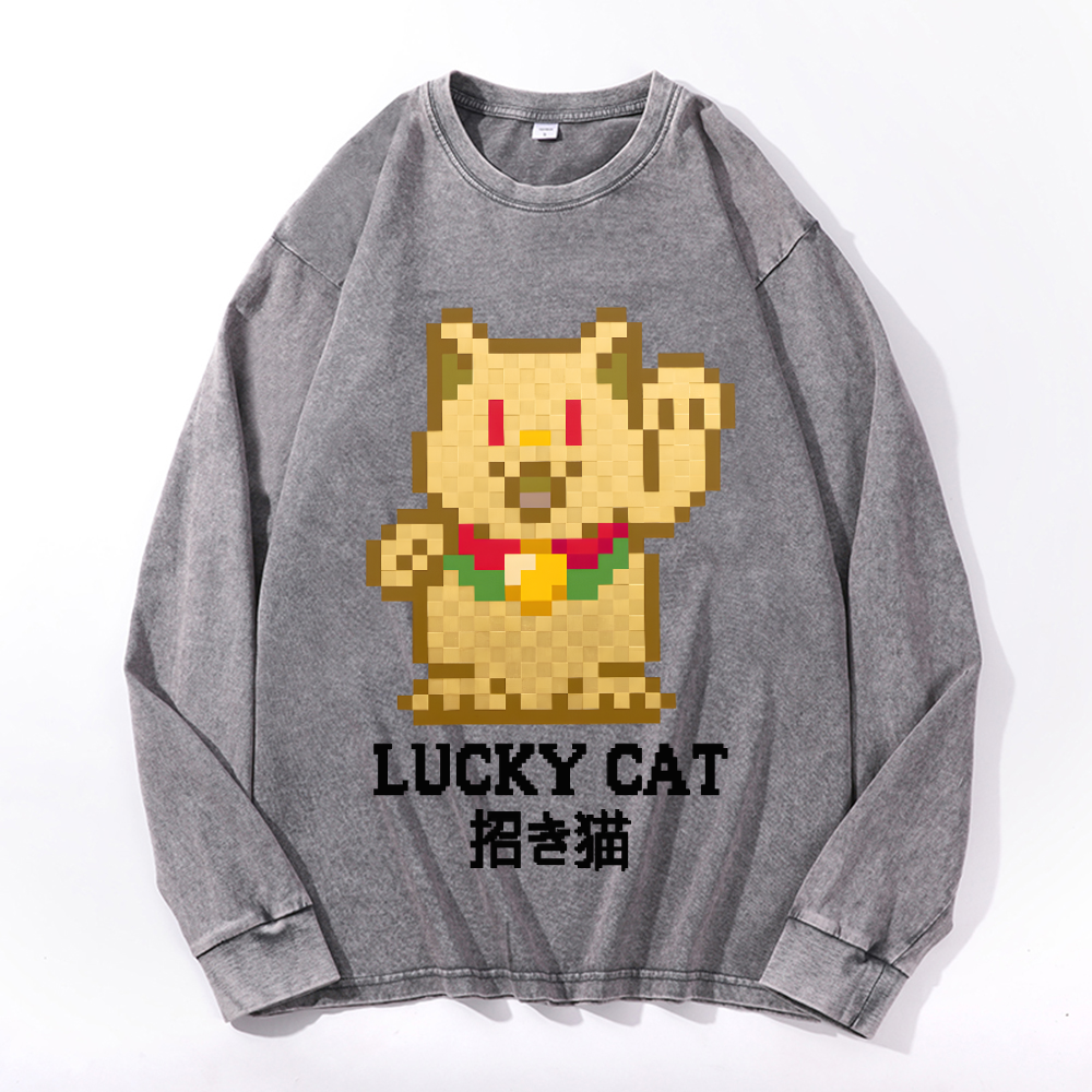 Mosaic Lucky Cat Vintage Cotton Wash Long-sleeve T-shirt