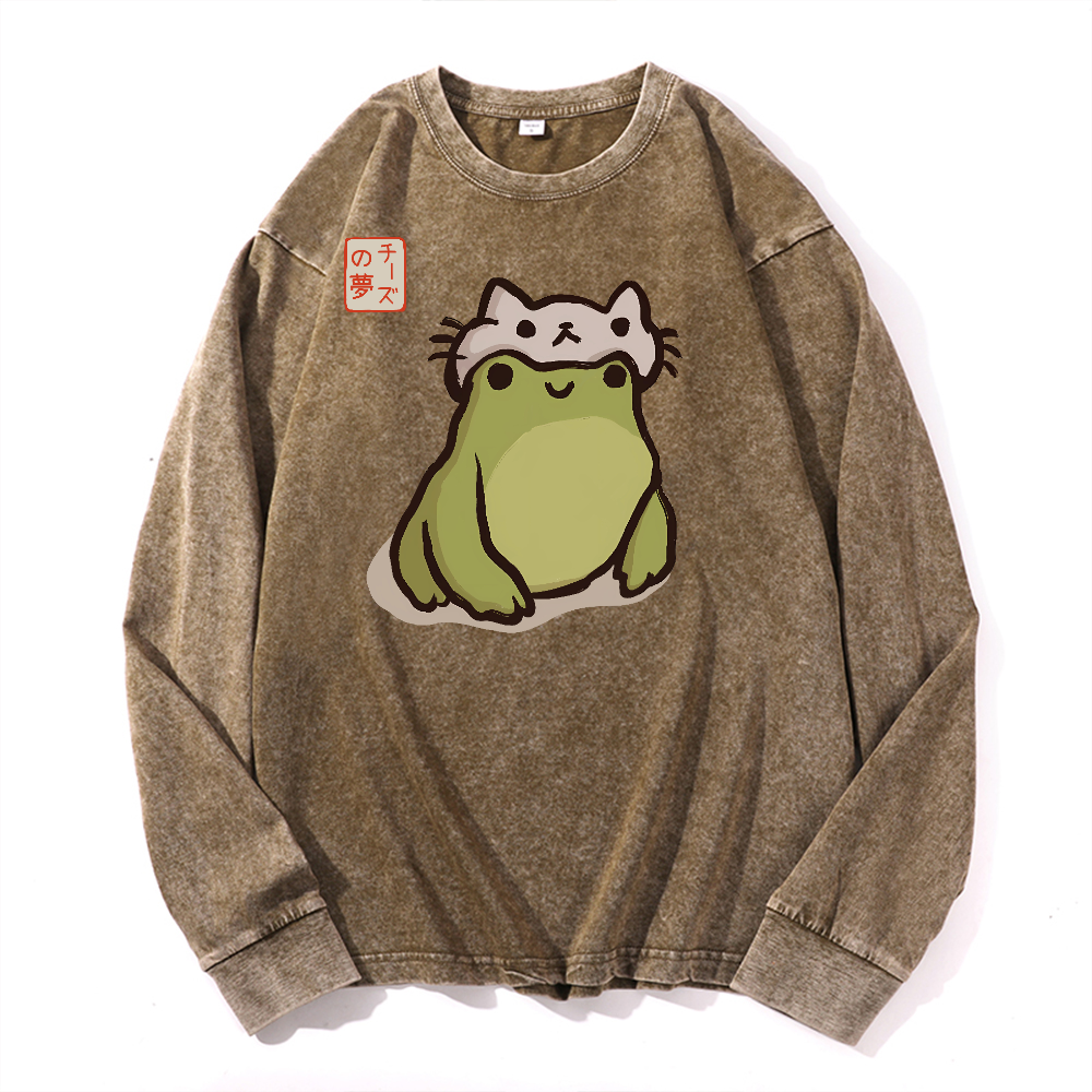 Frog Vintage Cotton Wash Crewneck Long-Sleeve T-Shirt