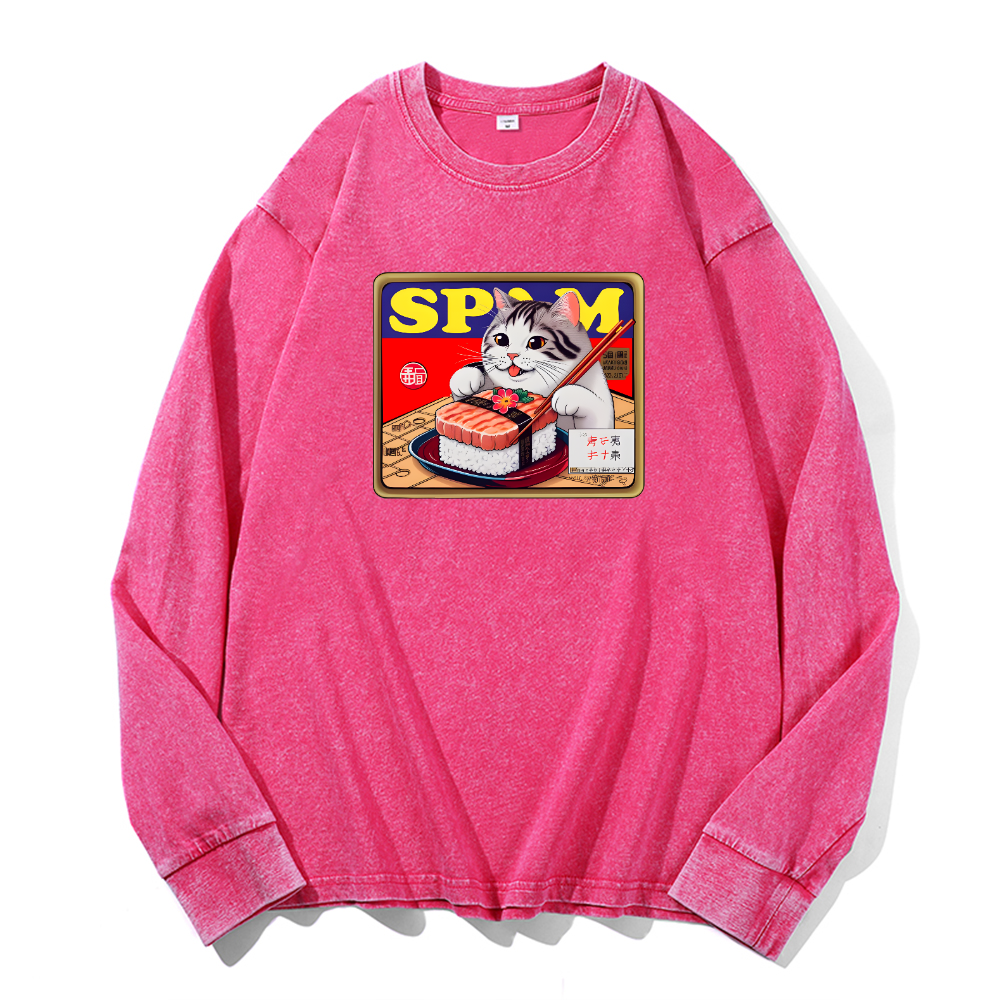 Spam Cat Vintage Cotton Wash Crewneck Long-Sleeve T-Shirt