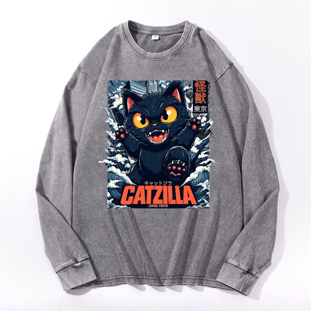 Catzilla Cat Kaiju Vintage Cotton Wash Crewneck Long-Sleeve T-Shirt