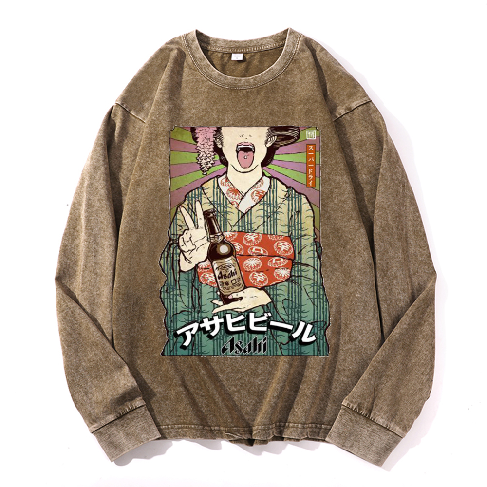 Asahi Breweries Vintage Cotton Wash Crewneck Long-Sleeve T-Shirt