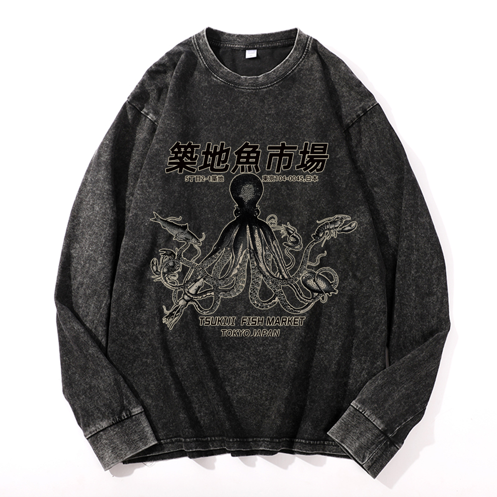 Tsukiji Fish Market Vintage Cotton Wash Crewneck Long-Sleeve T-Shirt