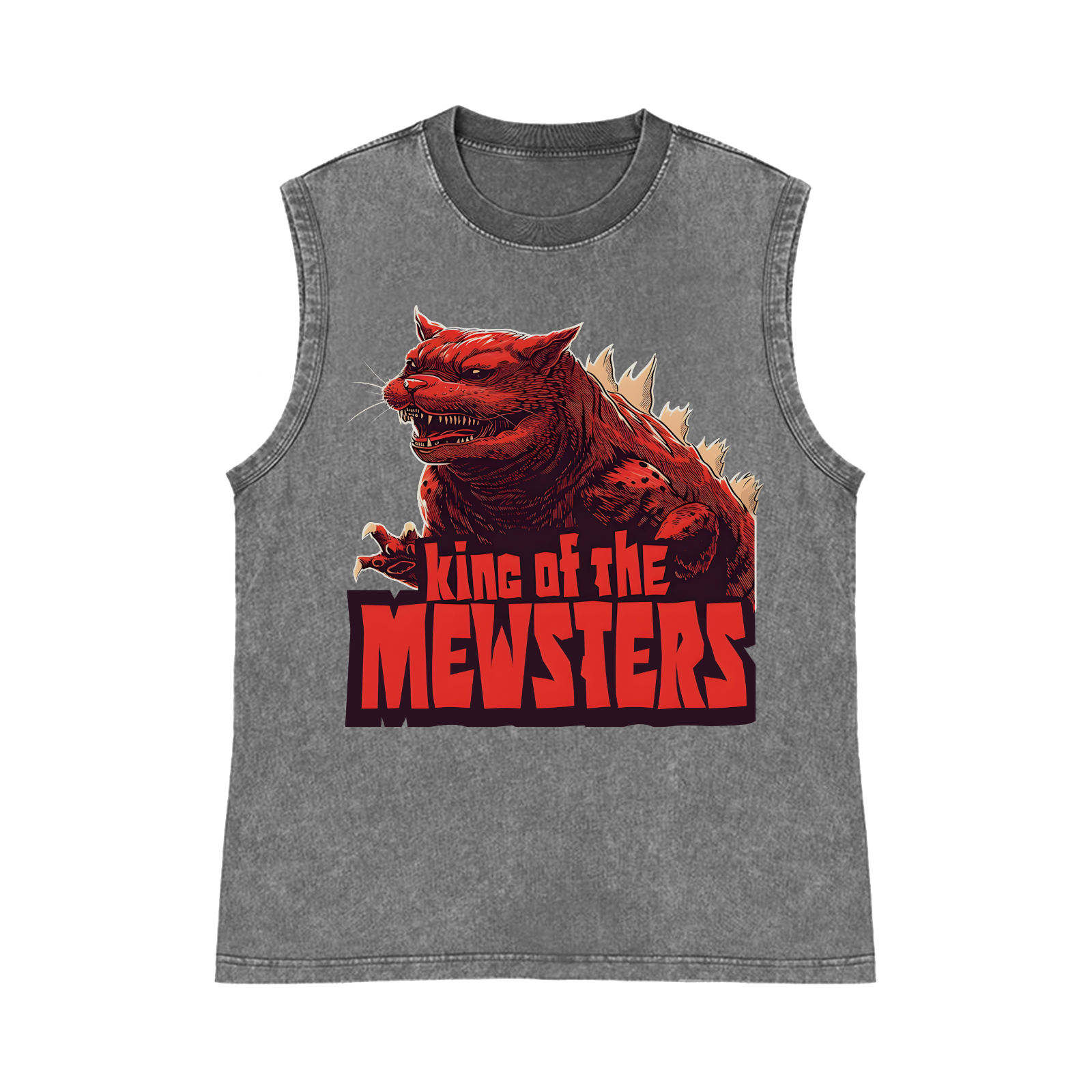 Cat Catzilla Kaiju King Of The Mewsters Pure Cotton Wash-Dyed Sleeveless Tank Top