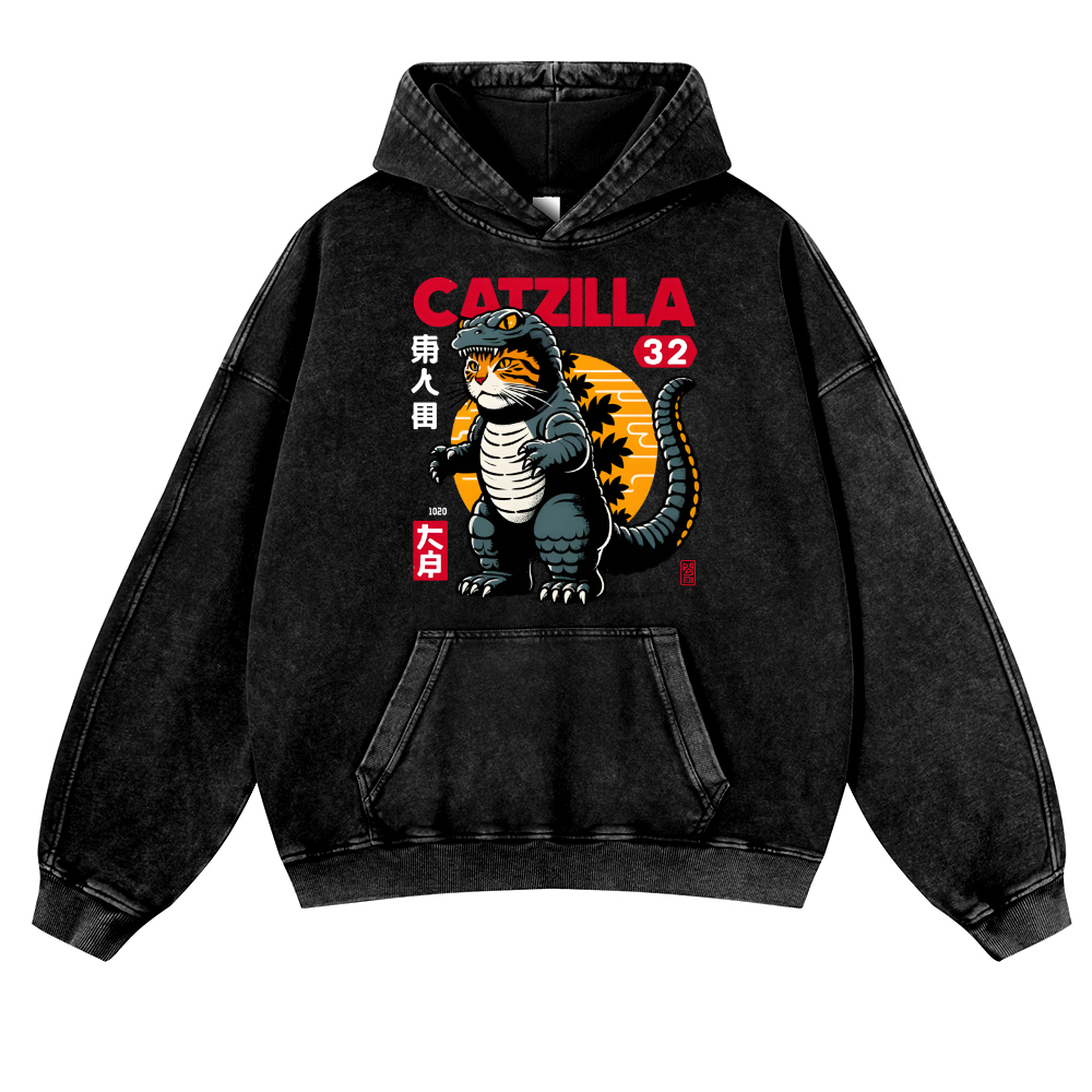 Catzilla Cat Kaiju Vintage Washed Thick Cotton Hoodie