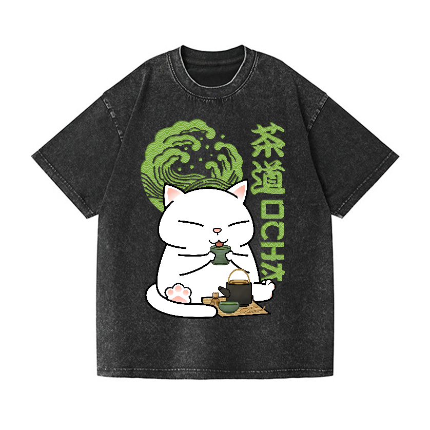 Tea Cat Vintage Wash Japanese Design T-Shirt