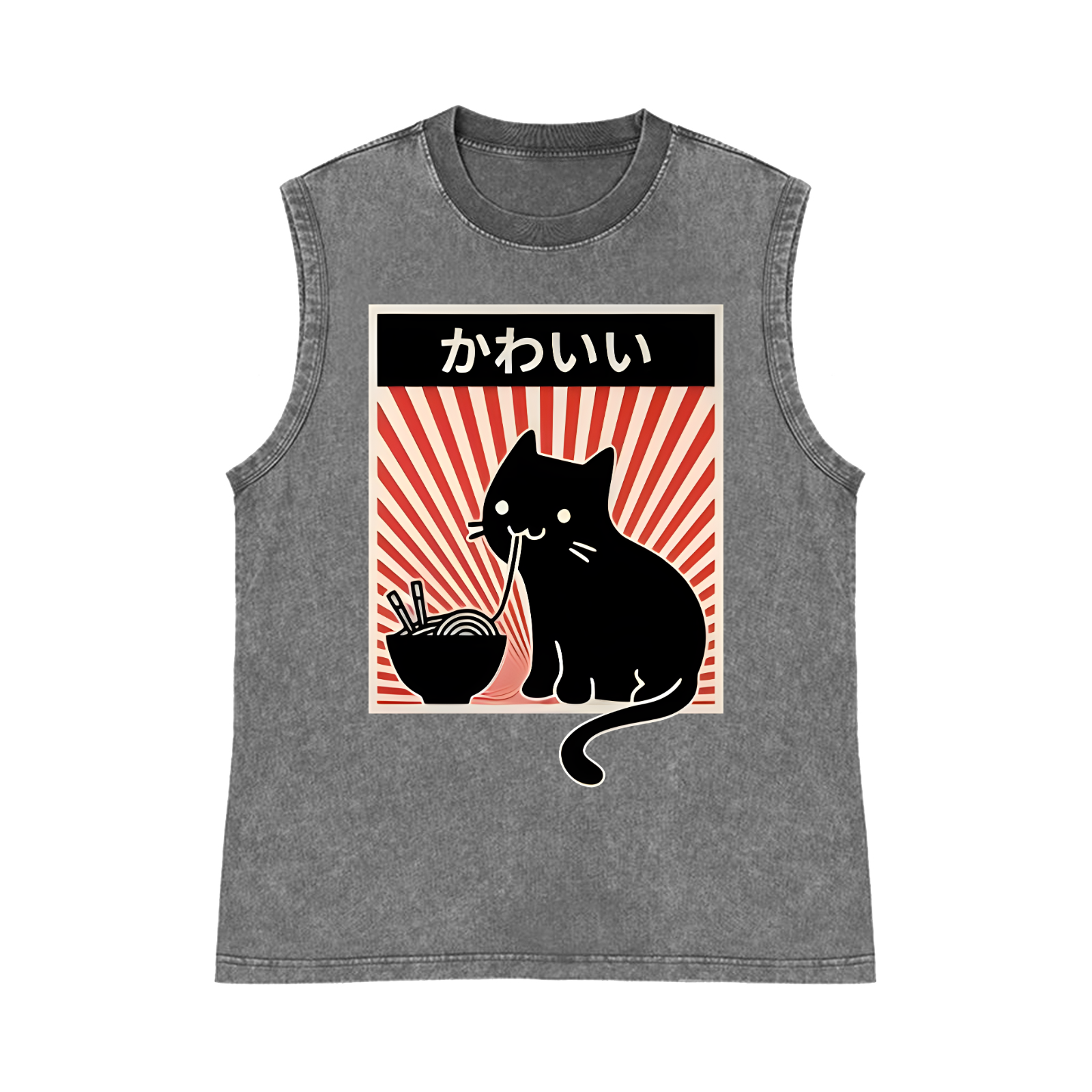 Ramen And Cat Pure Cotton Wash-Dyed Sleeveless Tank Top