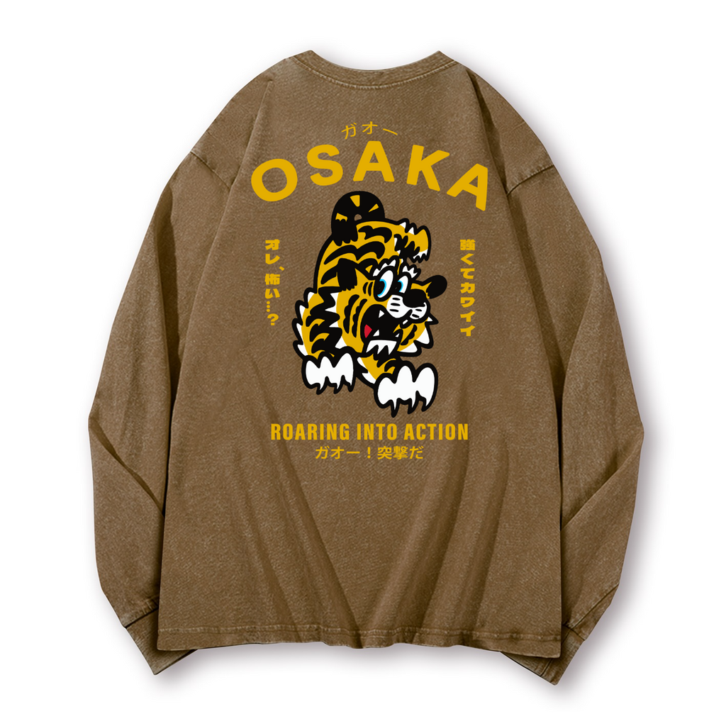 Osaka Tiger Vintage Washed Cotton Back Art Long-sleeve T-shirt