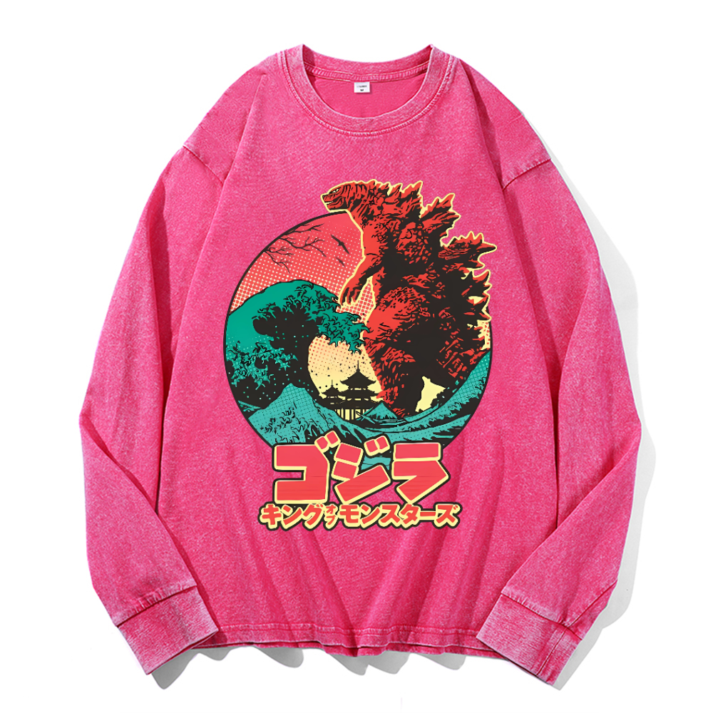 Kaiju Wave Vintage Cotton Wash Crewneck Long-Sleeve T-Shirt