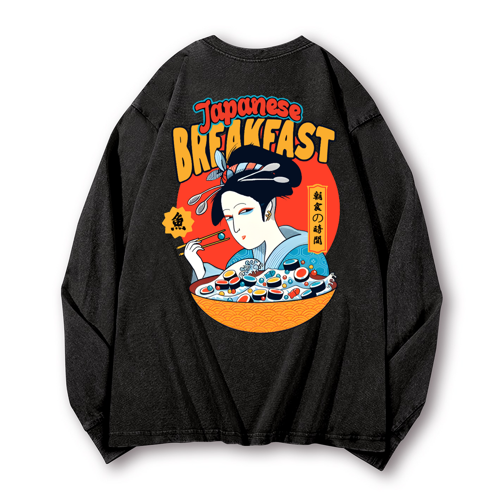 Geisha Fish Sushi Vintage Washed Cotton Back Art Long-sleeve T-shirt