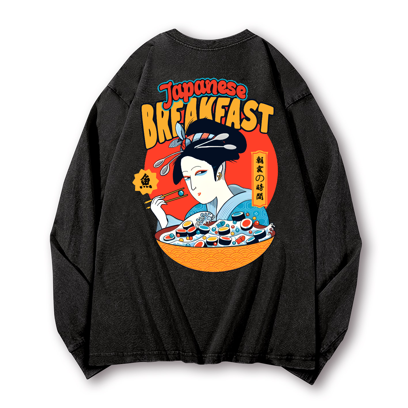 Geisha Fish Sushi Vintage Washed Cotton Back Art Long-sleeve T-shirt