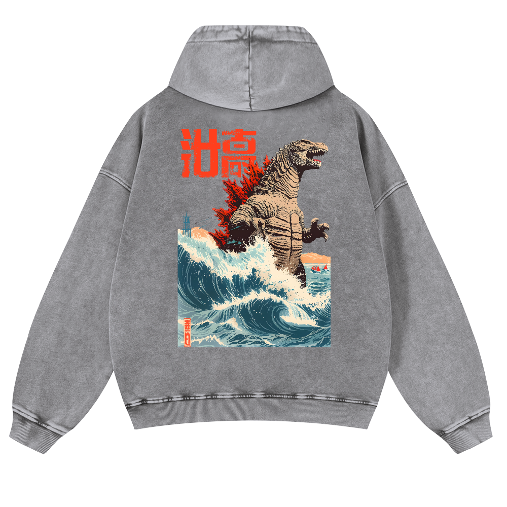 Kaiju Wave Vintage Washed Cotton Back Art Hoodie