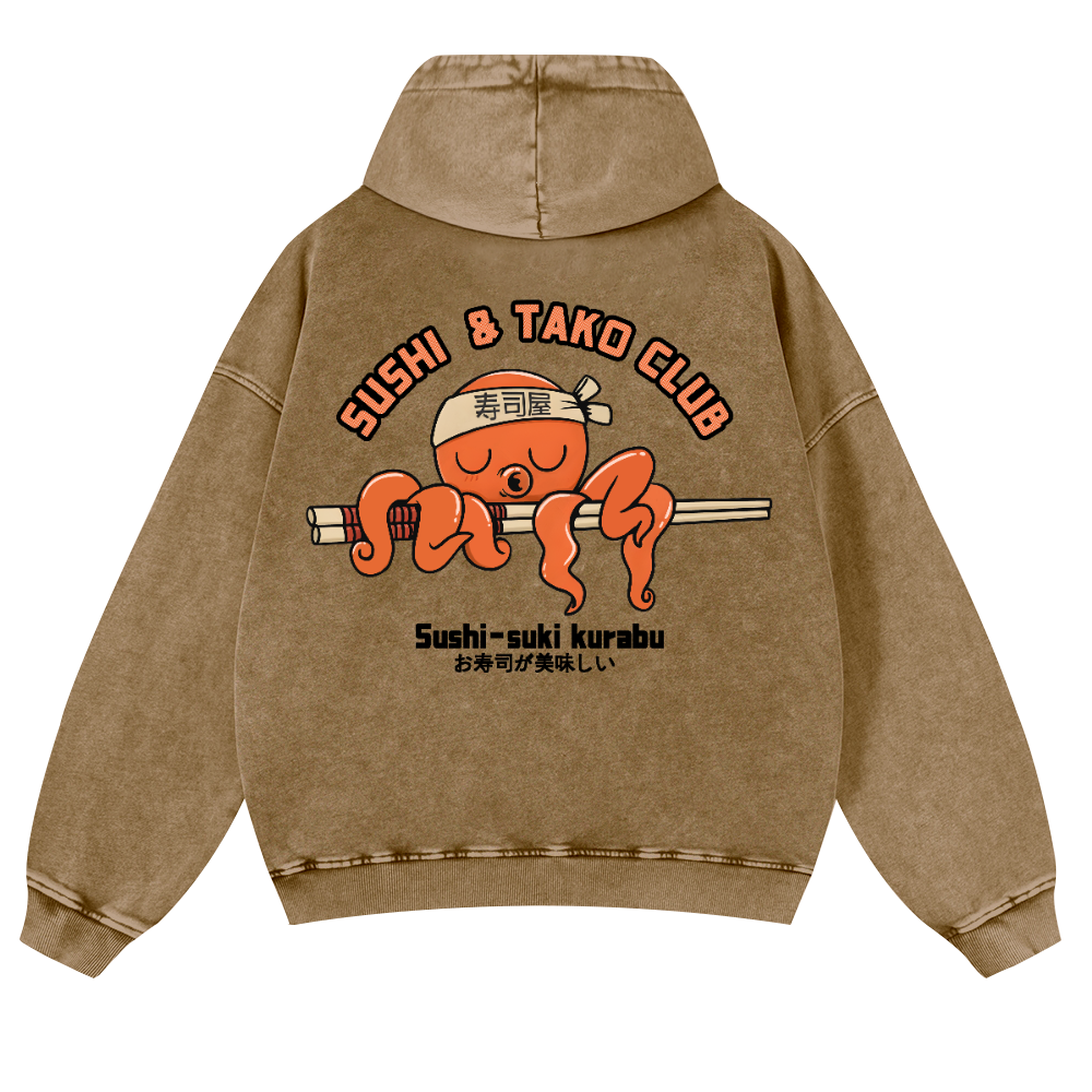 Sushi and Tako Octopus Vintage Washed Cotton Back Art Hoodie