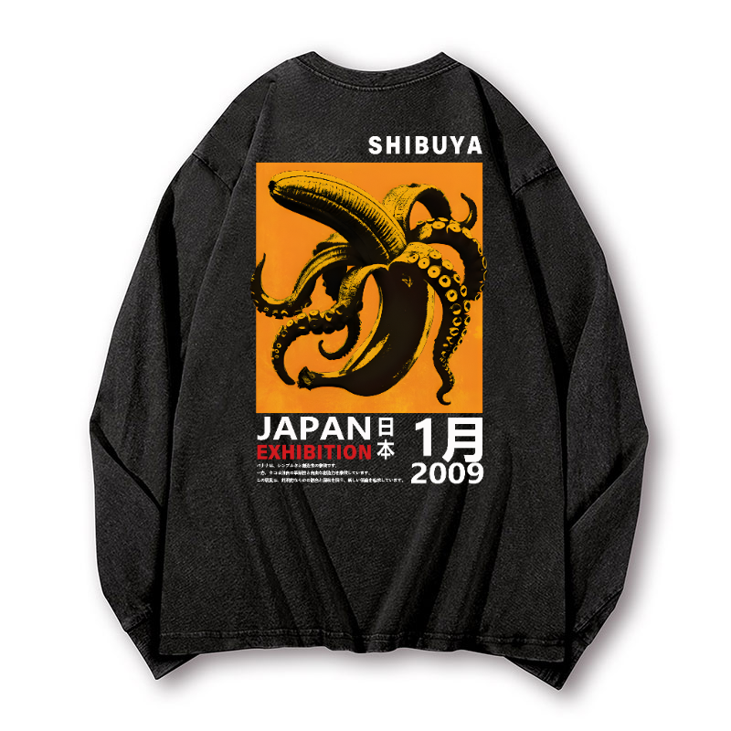 Shibuya Banana Octopus Vintage Washed Cotton Back Art Long-sleeve T-shirt