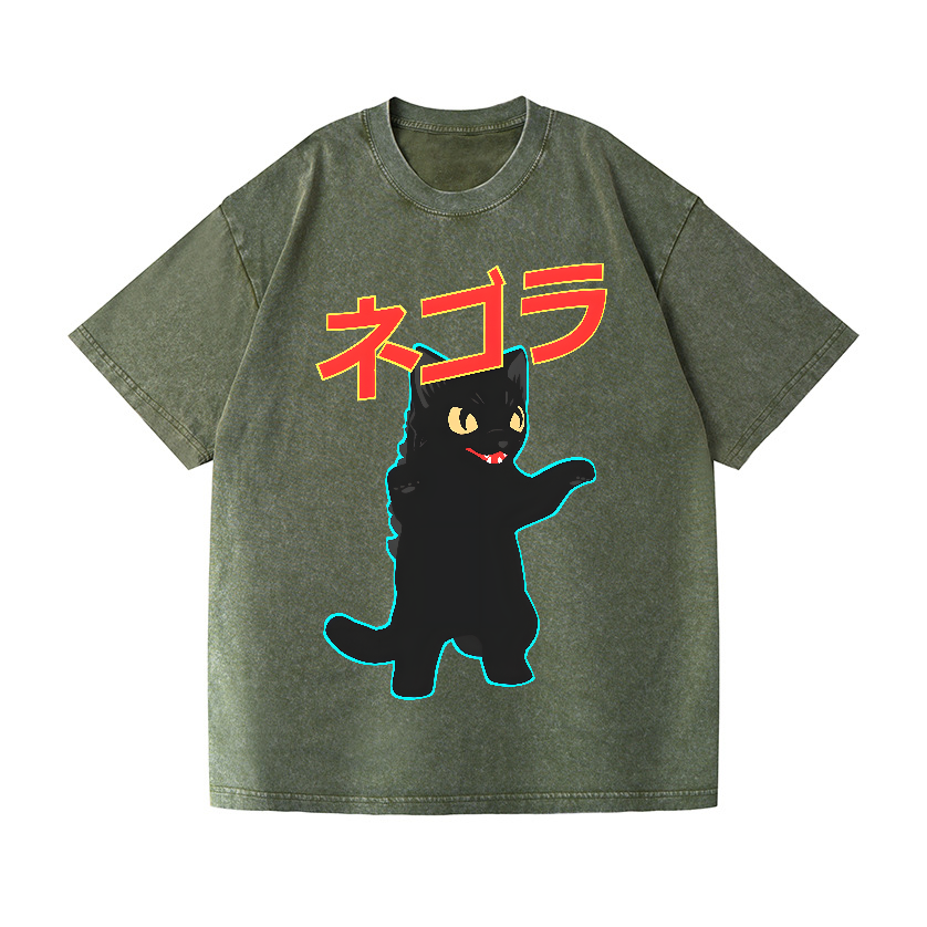Cat Kaiju Vintage Wash Japanese Design T-Shirt