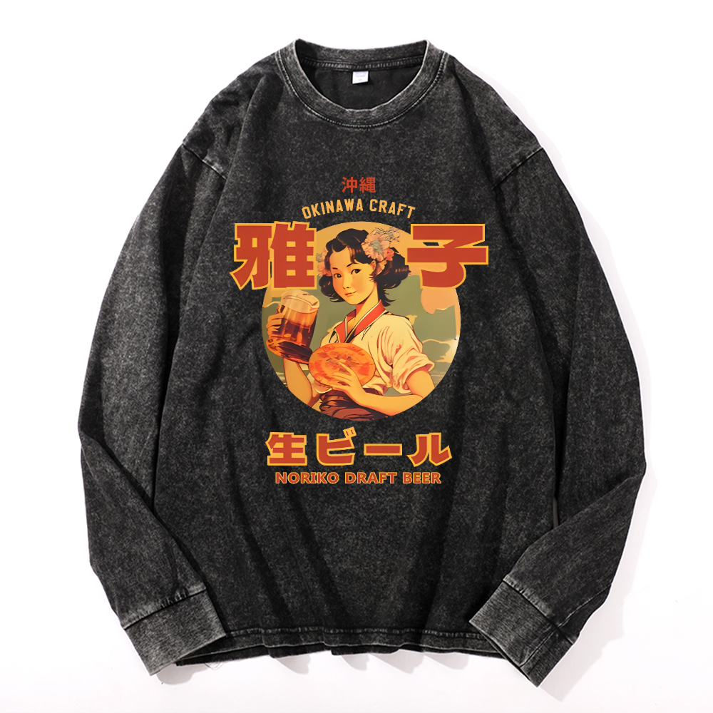 Okinawa Noriko Draft Beer Vintage Cotton Wash Long-sleeve T-shirt