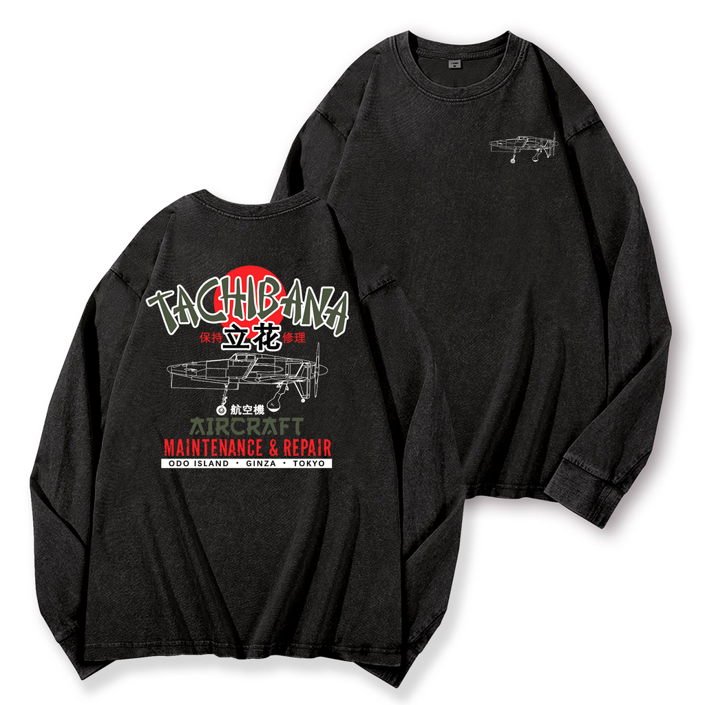 Tachibana Aircraft Vintage Washed Cotton Back Art Long-sleeve T-shirt