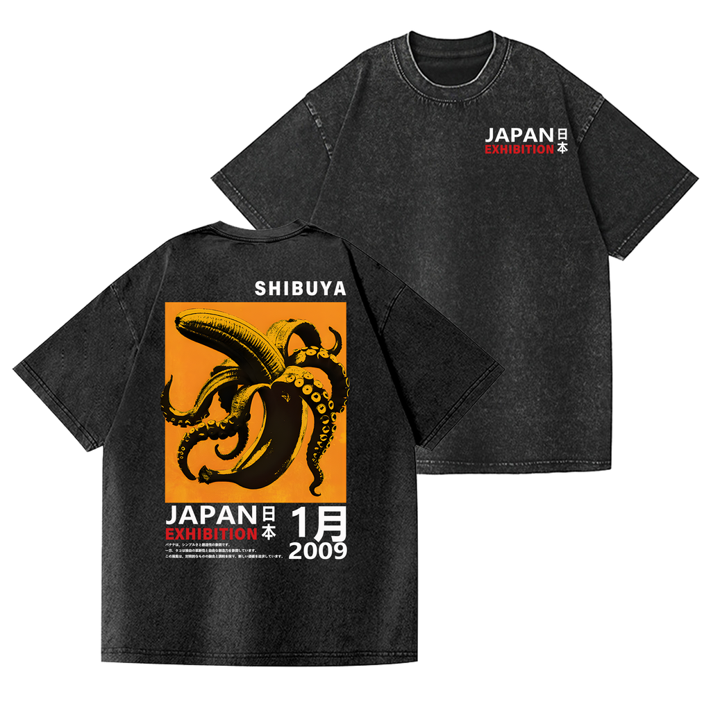 Shibuya Banana Octopus Vintage Wash Japanese Design Back Art T-Shirt