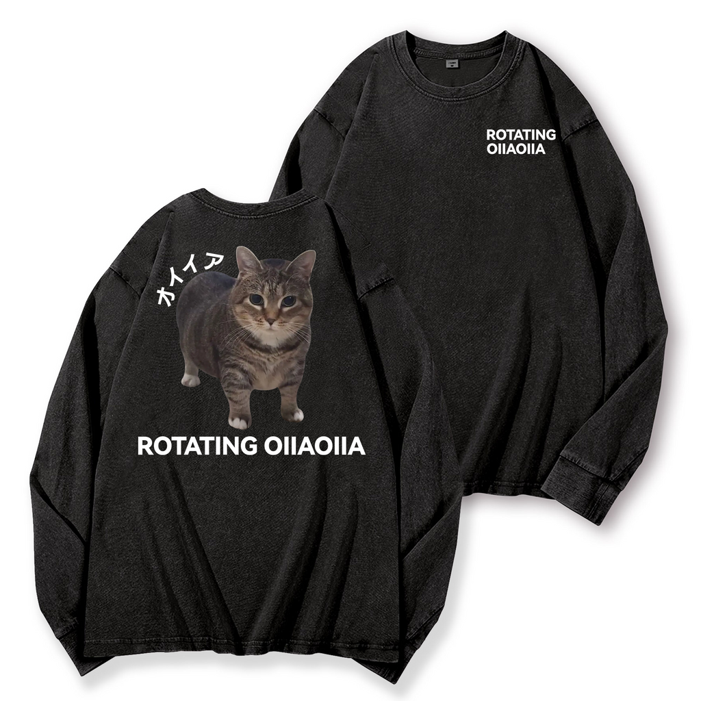 OIIA Cat Vintage Washed Cotton Back Art Long-sleeve T-shirt
