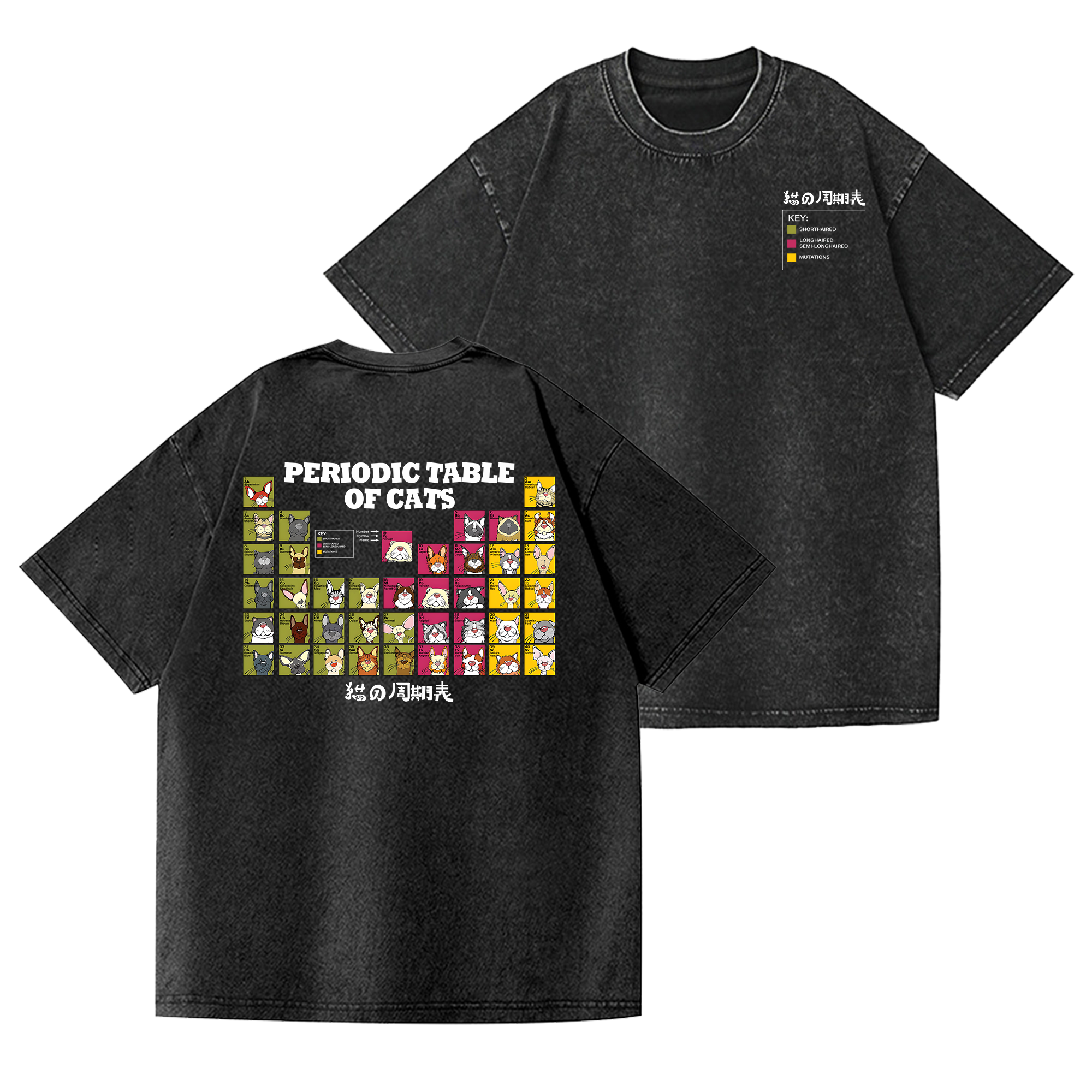 Periodic Table of Cats Vintage Wash Japanese Design Back Art T-Shirt