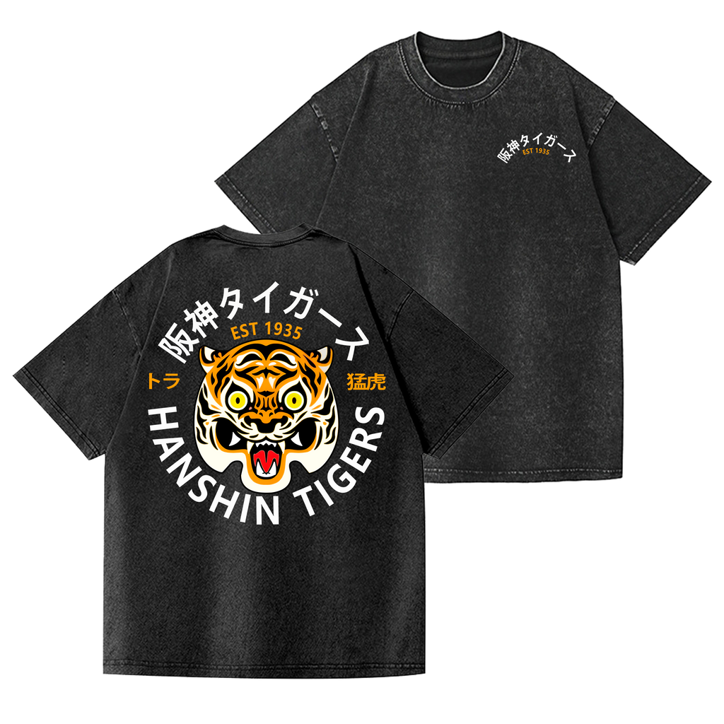 Hanshin Tigers Vintage Wash Japanese Design Back Art T-Shirt