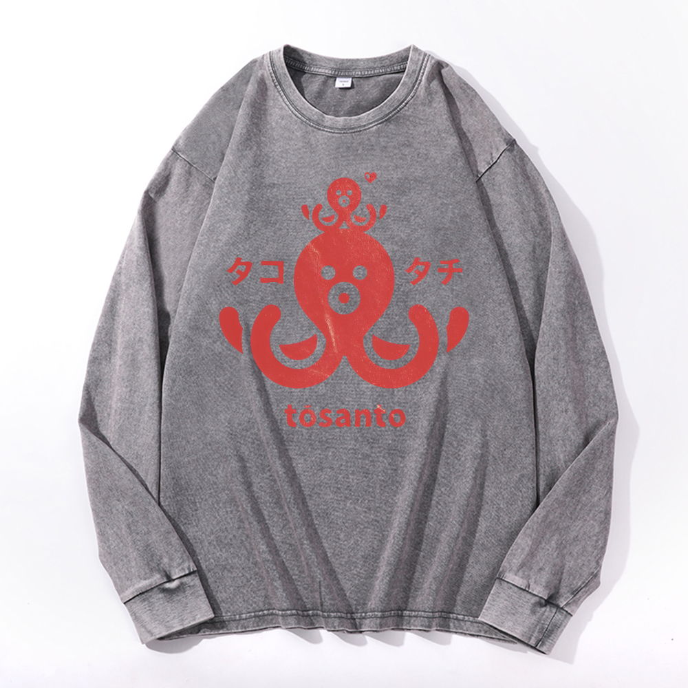 Tosanto Octopus Vintage Cotton Wash Crewneck Long-Sleeve T-Shirt