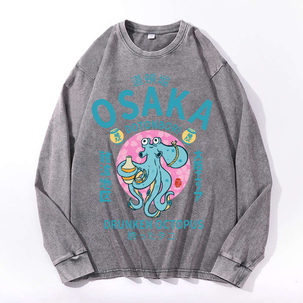 Osaka Dotonbori Drunken Octopus Vintage Cotton Wash Crewneck Long-Sleeve T-Shirt