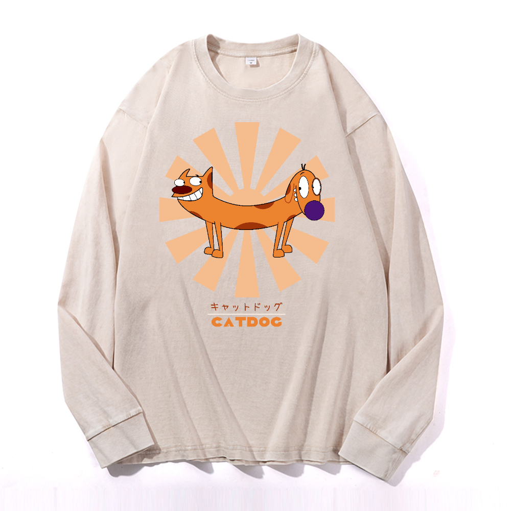 Catdog Vintage Cotton Wash Crewneck Long-Sleeve T-Shirt