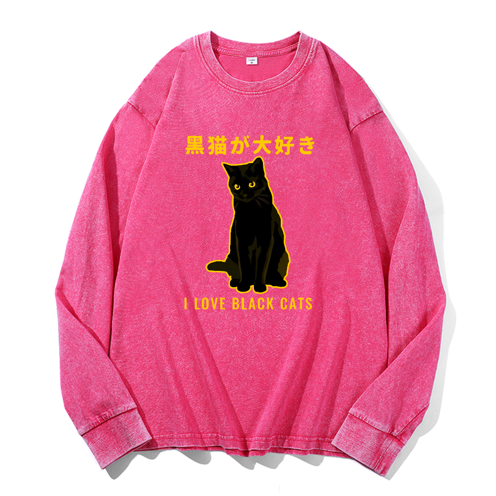 Black Cat Vintage Cotton Wash Crewneck Long-Sleeve T-Shirt