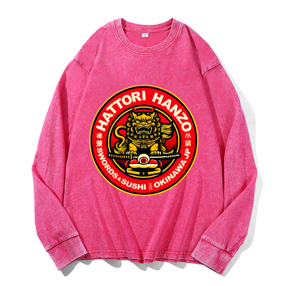Hattori Hanzo Komainu Okinawa Japan Vintage Cotton Wash Crewneck Long-Sleeve T-Shirt