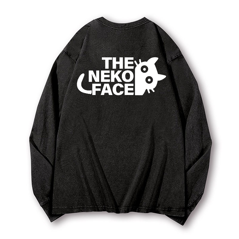 The Neko Face Vintage Washed Cotton Back Art Long-sleeve T-shirt