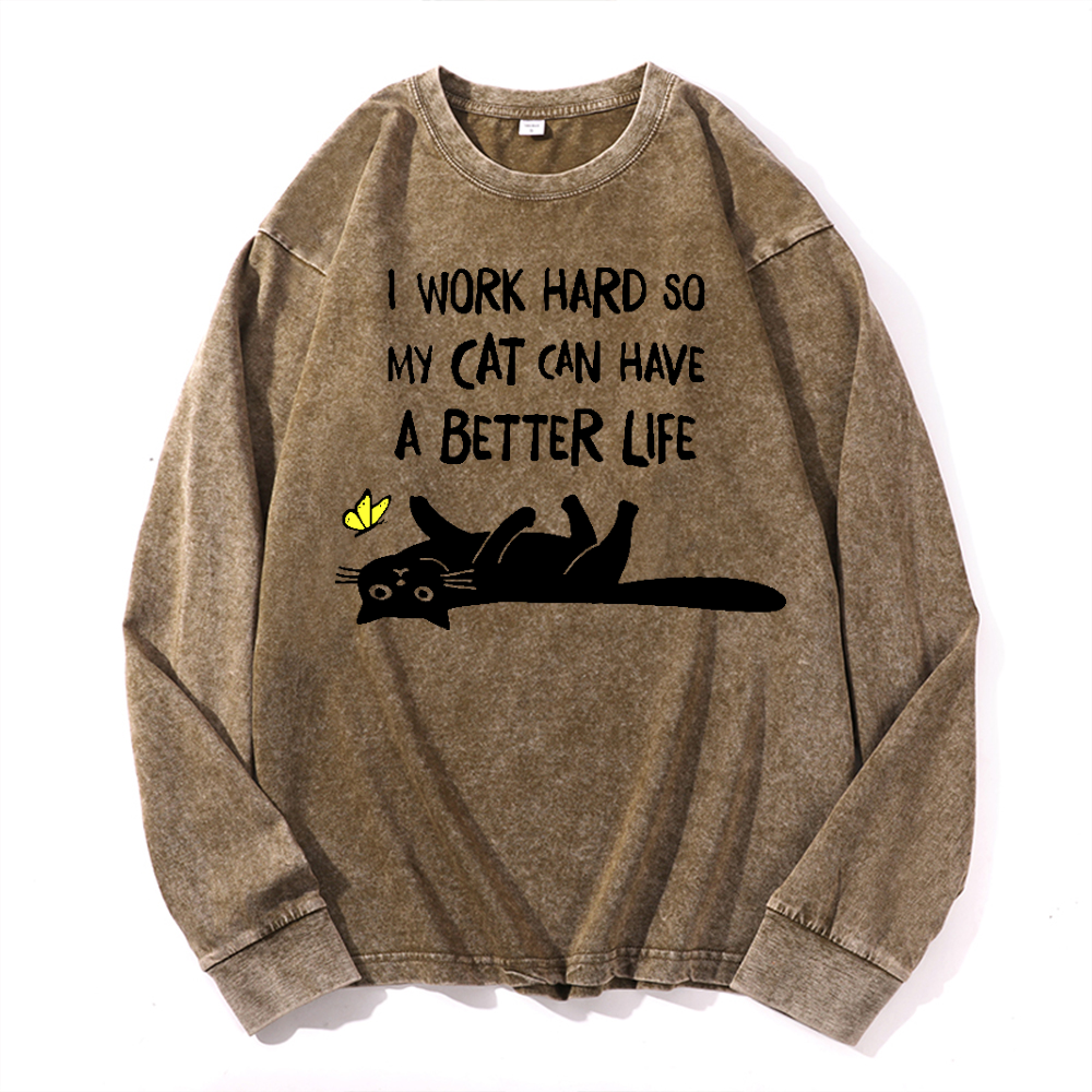 I Work Hard So Cat Vintage Cotton Wash Long-sleeve T-shirt