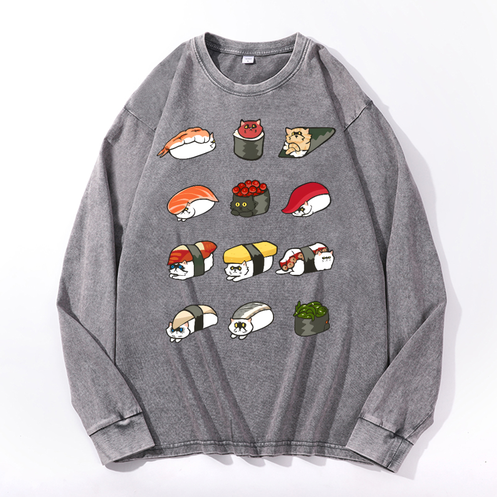 Sushi Cat Vintage Cotton Wash Crewneck Long-Sleeve T-Shirt