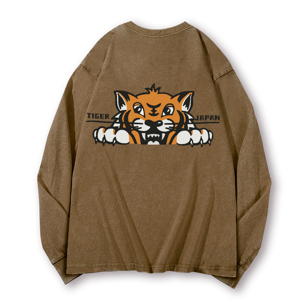 Japan Tiger Vintage Washed Cotton Back Art Long-sleeve T-shirt