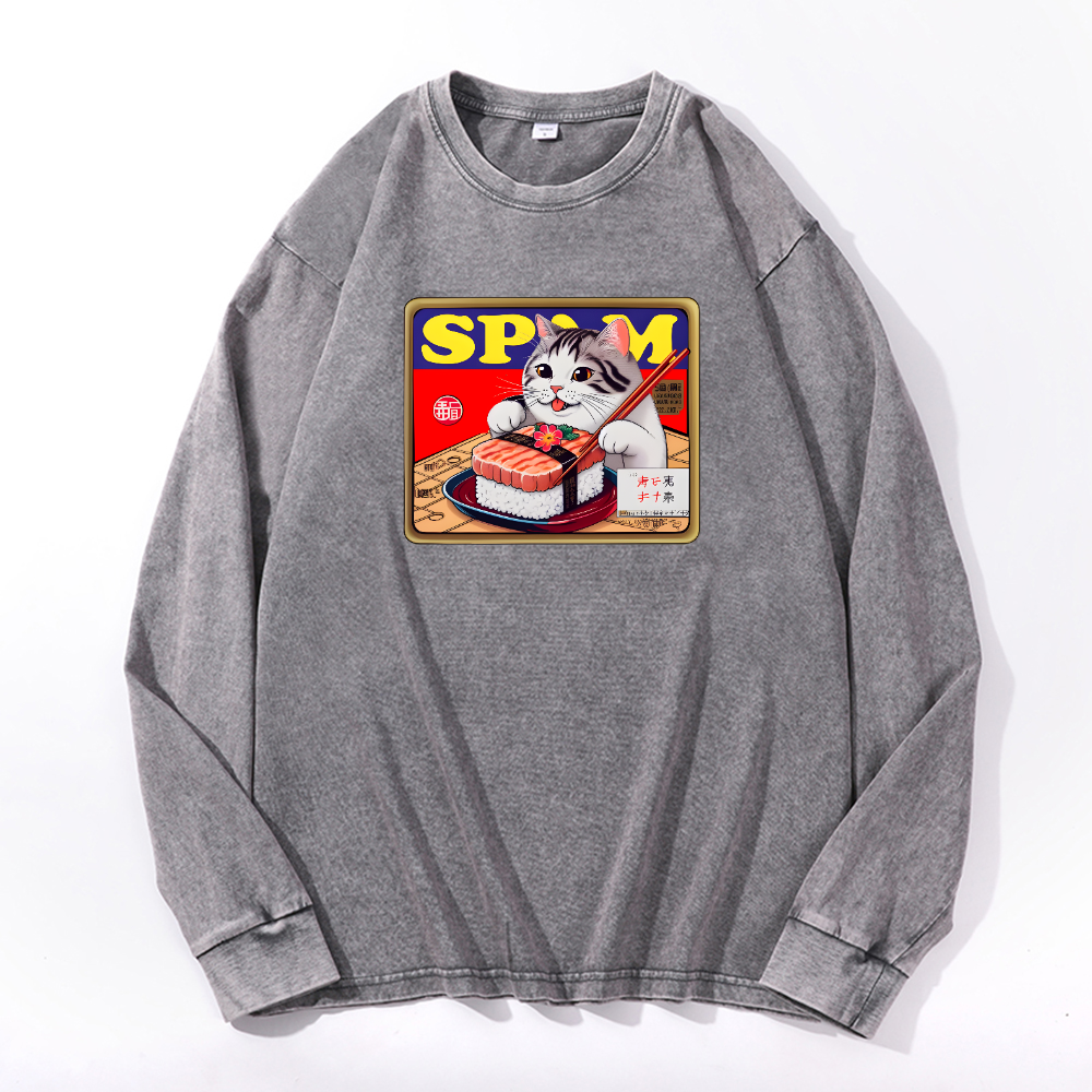 Spam Cat Vintage Cotton Wash Crewneck Long-Sleeve T-Shirt