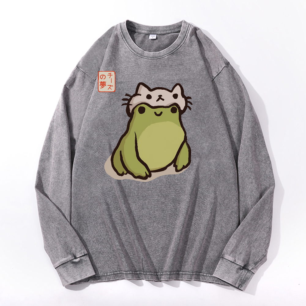 Frog Vintage Cotton Wash Crewneck Long-Sleeve T-Shirt