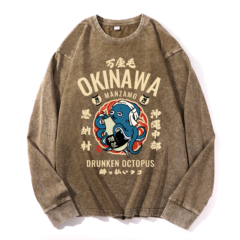 Okinawa Manzamo Drunken Octopus Vintage Cotton Wash Crewneck Long-Sleeve T-Shirt