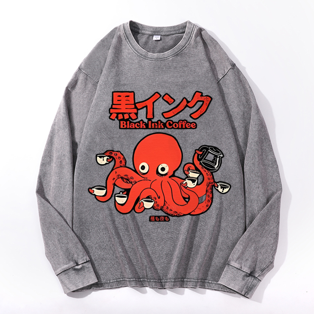 Octopus Coffee Vintage Cotton Wash Crewneck Long-Sleeve T-Shirt
