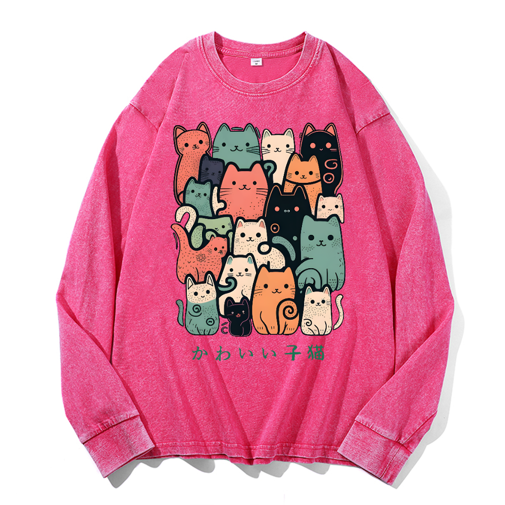 Cat Vintage Cotton Wash Crewneck Long-Sleeve T-Shirt