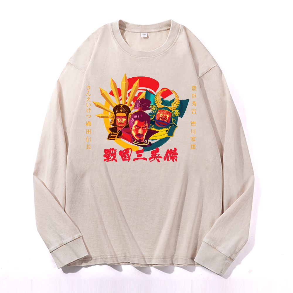 Oda Nobunaga Toyotomi Hideyoshi Tokugawa Ieyasu Vintage Cotton Wash Crewneck Long-Sleeve T-Shirt
