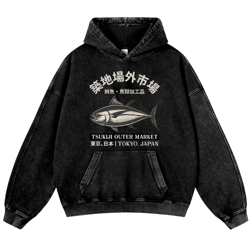 Tsukiji Market Tuna Fish Vintage Washed Thick Cotton Hoodie
