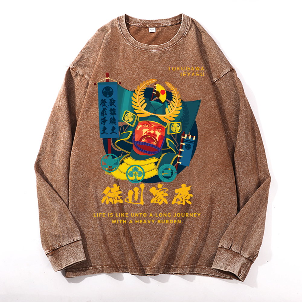 Tokugawa Ieyasu Vintage Cotton Wash Crewneck Long-Sleeve T-Shirt