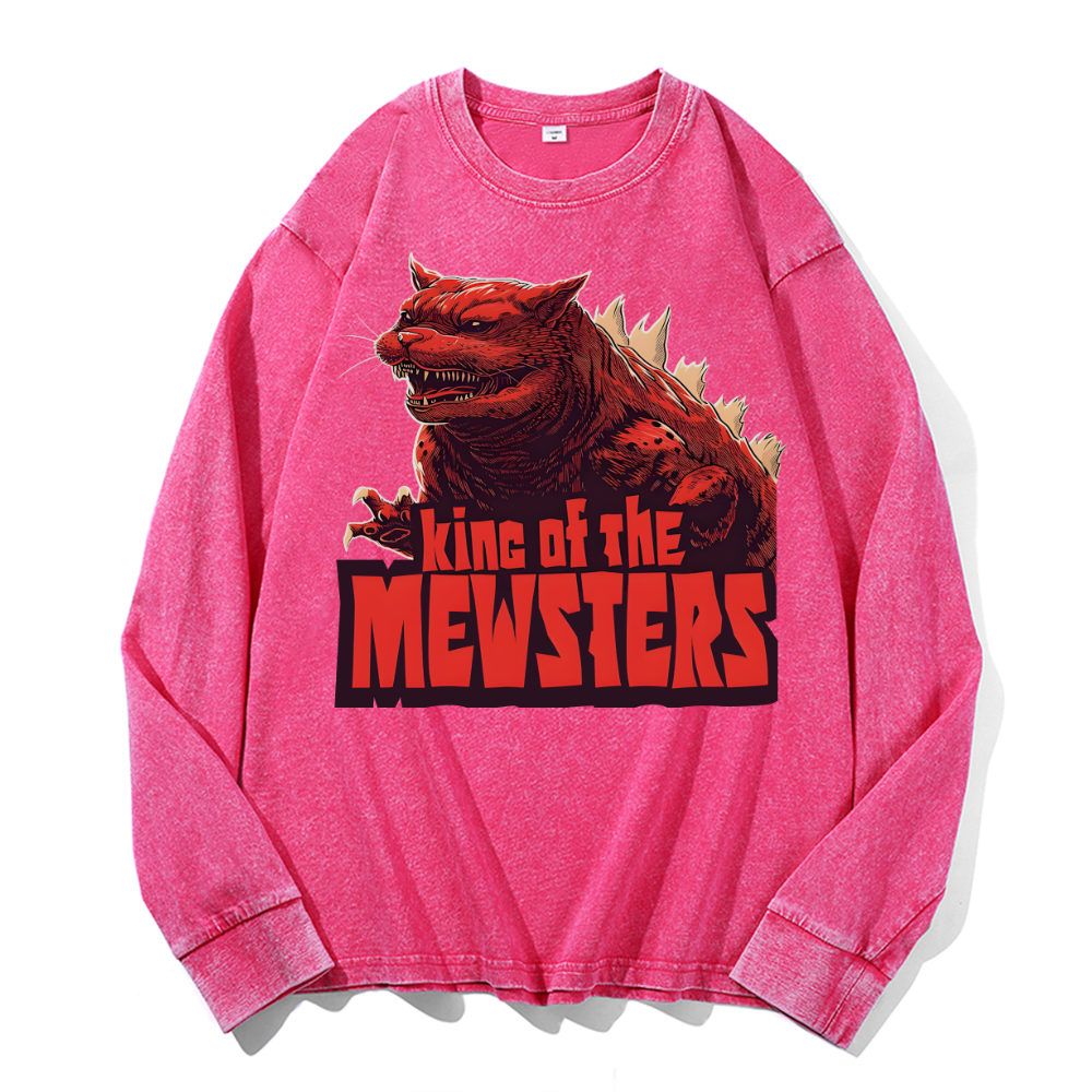 Catzilla Cat Kaiju Vintage Cotton Wash Crewneck Long-Sleeve T-Shirt