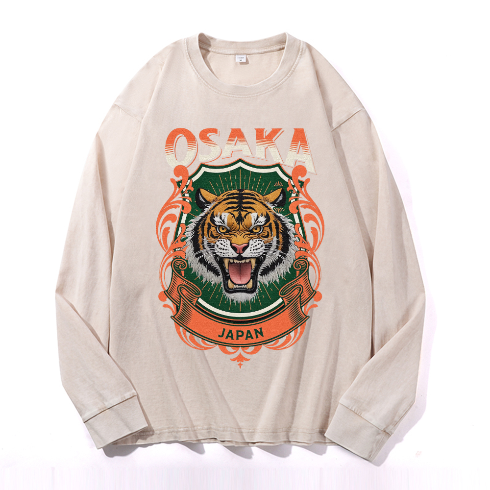 Osaka Tiger Vintage Cotton Wash Crewneck Long-Sleeve T-Shirt