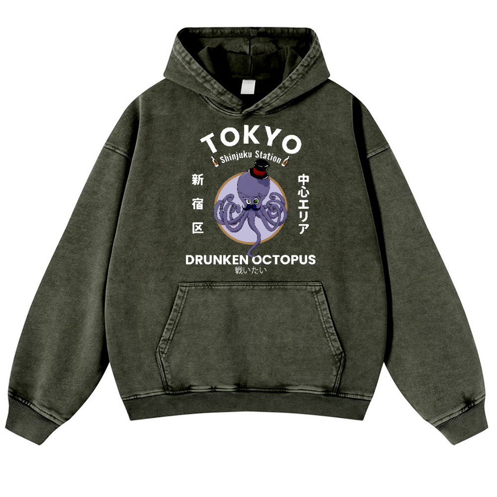 Tokyo Drunken Octopus Vintage Washed Thick Cotton Hoodie