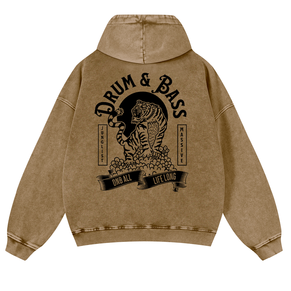 Drum & Bass Tiger Vintage Washed Cotton Back Art Hoodie